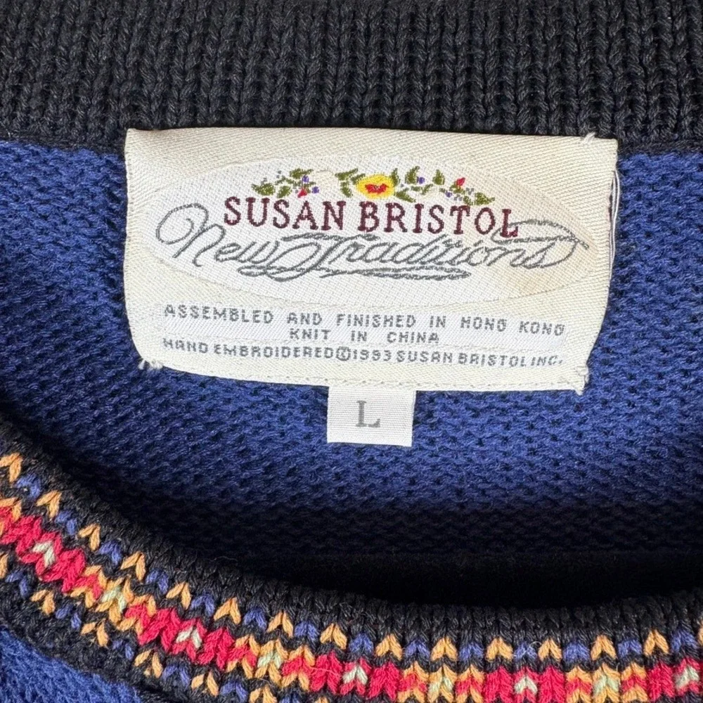 NOS Vtg 1993 Susan Bristol Sweater L Blue Embroidered Cottagecore French Country